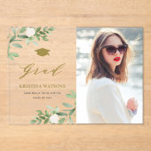 水彩緑色白い花卒業 アクリル招待状 (正面)