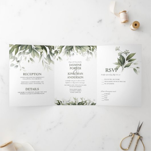 水彩緑葉の木の結婚葉 三つ折り招待状 (内部)