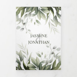 水彩緑葉の木の結婚葉 三つ折り招待状