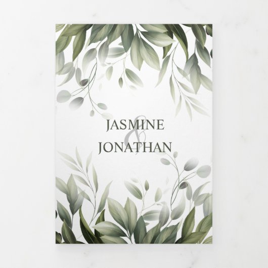水彩緑葉の木の結婚葉 三つ折り招待状 (カバー)