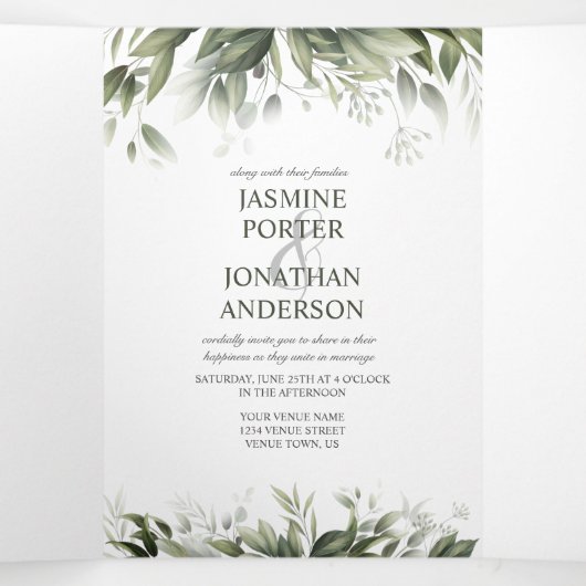 水彩緑葉の木の結婚葉 三つ折り招待状 (内部中)