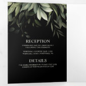 水彩緑葉の葉結婚の黒 三つ折り招待状 (内部最初)