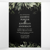 水彩緑葉の葉結婚の黒 三つ折り招待状 (内部中)