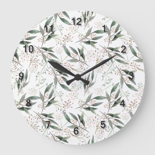 水彩緑葉ガムナッツピンクの花 ラージ壁時計 (正面)