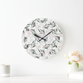 水彩緑葉ガムナッツピンクの花 ラージ壁時計 (ホーム)