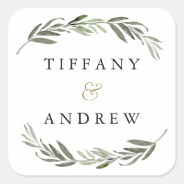 水彩緑葉モダン結婚色 スクエアシール