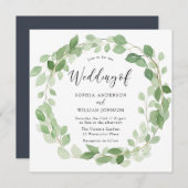 水彩緑葉リースエレガントな結婚式 招待状 (正面/裏面)