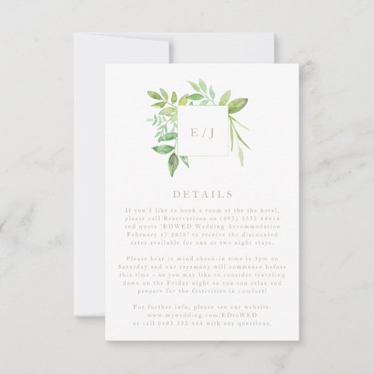 水彩緑葉リース結婚詳細 出欠カード (正面)
