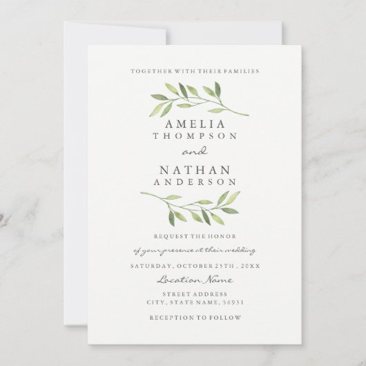 水彩緑葉結婚式招待状 招待状 (正面)