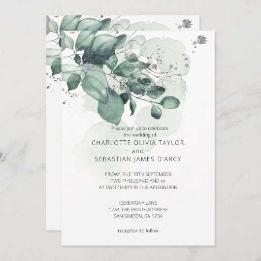 水彩緑葉色植物結婚の 招待状 (正面/裏面)