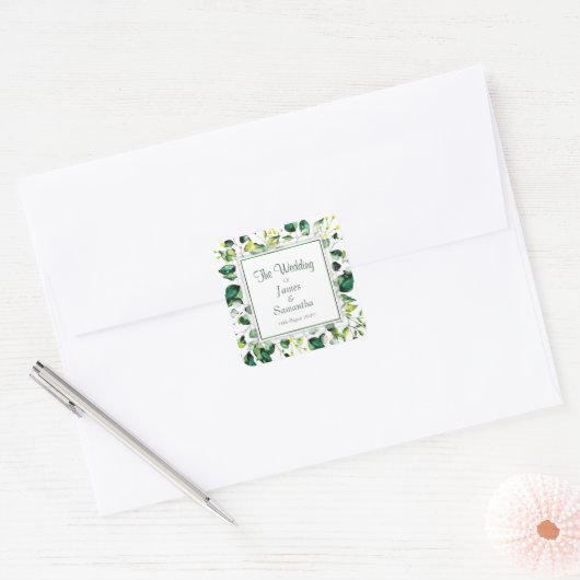水彩緑葉 |の結婚封筒用シール スクエアシール (封筒)