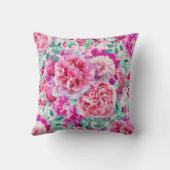 水彩緑豊かなピンク牡丹&グリーンティール（緑がかった色）葉ズ クッション (裏面)