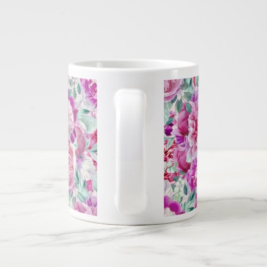 水彩緑豊かなピンク牡丹&グリーンティール(緑がかった色)葉ズ ジャンボコーヒーマグカップ (裏面)