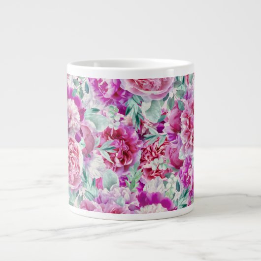 水彩緑豊かなピンク牡丹&グリーンティール(緑がかった色)葉ズ ジャンボコーヒーマグカップ (正面)
