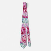 水彩緑豊かなピンク牡丹&グリーンティール（緑がかった色）葉ズ ネクタイ (正面)