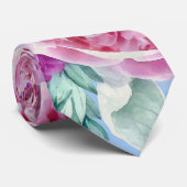 水彩緑豊かなピンク牡丹&グリーンティール（緑がかった色）葉ズ ネクタイ (ロール)