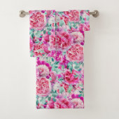 水彩緑豊かなピンク牡丹&グリーンティール(緑がかった色)葉ズ バスタオルセット (インサイチュ)