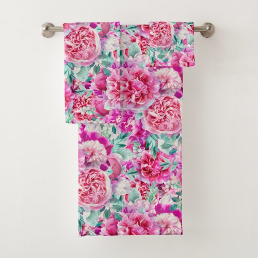 水彩緑豊かなピンク牡丹&グリーンティール（緑がかった色）葉ズ バスタオルセット (インサイチュ)