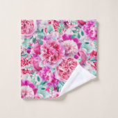 水彩緑豊かなピンク牡丹&グリーンティール（緑がかった色）葉ズ バスタオルセット (ウォッシュタオル)