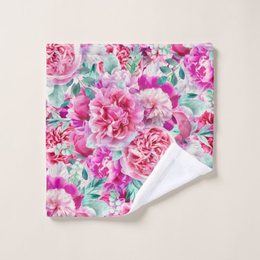 水彩緑豊かなピンク牡丹&グリーンティール(緑がかった色)葉ズ バスタオルセット (ウォッシュタオル)