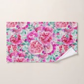 水彩緑豊かなピンク牡丹&グリーンティール（緑がかった色）葉ズ バスタオルセット (ハンドタオル)