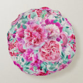 水彩緑豊かなピンク牡丹&グリーンティール（緑がかった色）葉ズ ラウンドクッション (裏面)