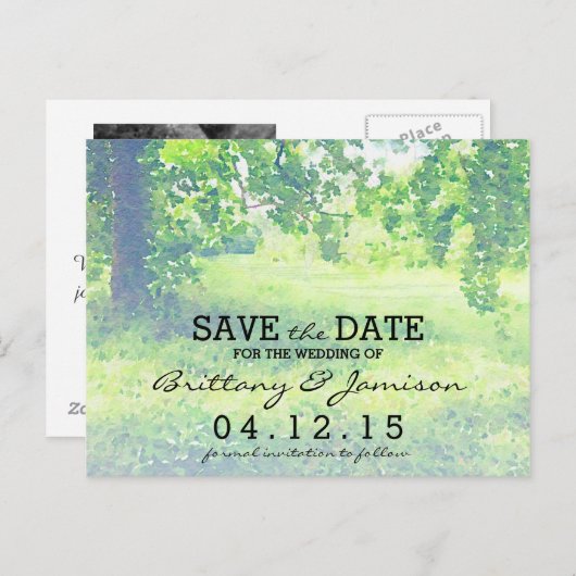 水彩緑豊かな牧草地と木の日付を保存 案内ポストカード (正面/裏面)