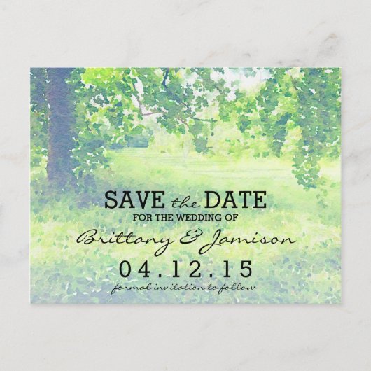 水彩緑豊かな牧草地と木の日付を保存 案内ポストカード (正面)