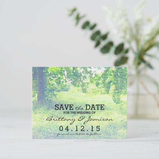 水彩緑豊かな牧草地と木の日付を保存 案内ポストカード (スタンド正面)
