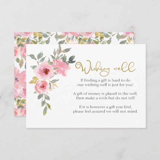 水彩緑豊かな赤面ピンクフローラウィングウェル エンクロージャーカード (正面/裏面)
