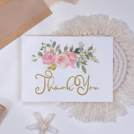 水彩緑豊かな赤面ピンクフローラ結婚ズ サンキューカード