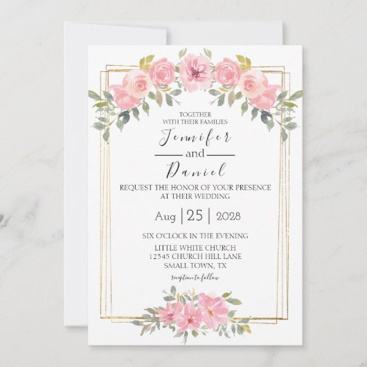 水彩緑豊かな赤面ピンクフローラ結婚ズ 招待状 (正面)