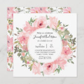 水彩緑豊かな赤面ピンクブライダルシャワー 招待状 (正面/裏面)
