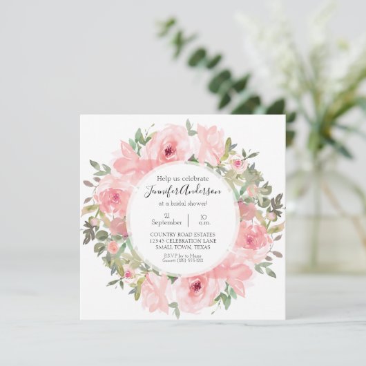 水彩緑豊かな赤面ピンクブライダルシャワー 招待状 (スタンド正面)