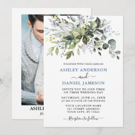 水彩緑豊かな青い写真結婚の 招待状