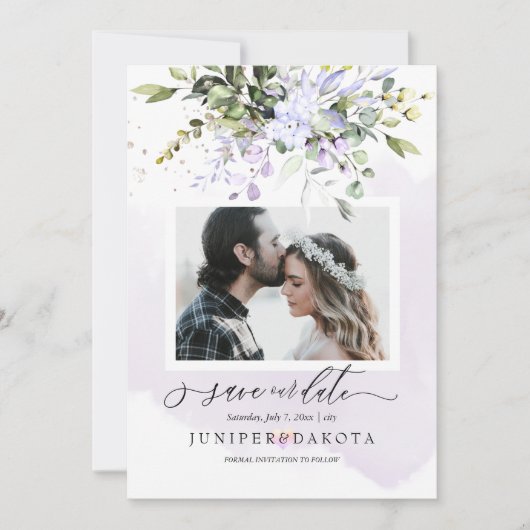 水彩緑赤面ピンクダスティパープル 招待状 (正面)