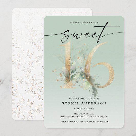 水彩緑金ゴールドスイート16誕生日インビタ 招待状 (正面/裏面)