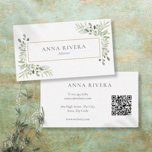 水彩緑金ゴールド幾何学的QRコード 名刺