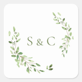 水彩緑離れ色モノグラ結婚ム スクエアシール