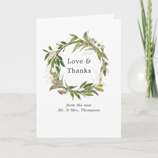 水彩緑青リース結婚の写真 サンキューカード (正面)