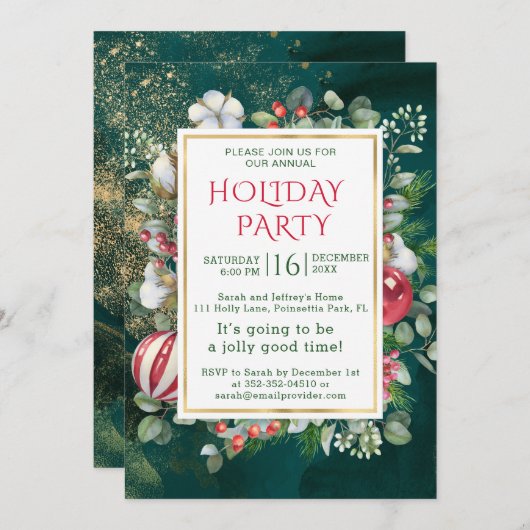 水彩緑、クリスマスボーブル、ユーカリ 招待状 (正面/裏面)