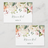 水彩緑、ピンクのバラのテーブル座席表 名刺 (正面/裏面)