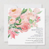 水彩緑&ピンクフローラ誕生日パーティーI 招待状 (正面)
