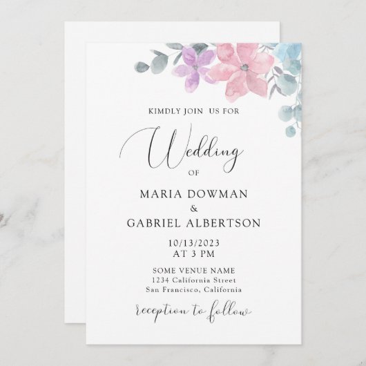 水彩繊細なパステル植物性フローラ結婚ズ 招待状 (正面/裏面)