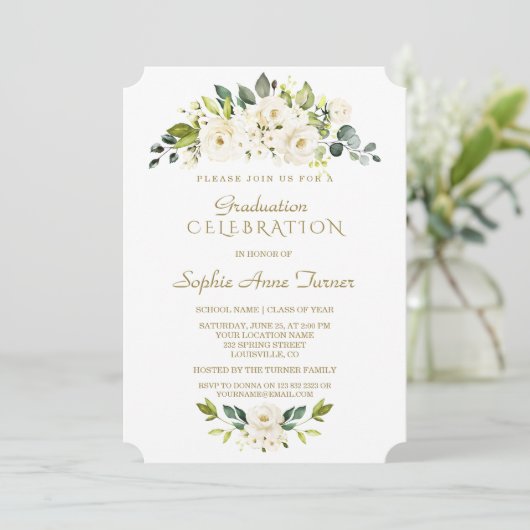 水彩繊細なホワイトフローラ卒業パーティー 招待状 (スタンド正面)