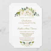 水彩繊細なホワイトフローラ卒業パーティー 招待状 (正面/裏面)