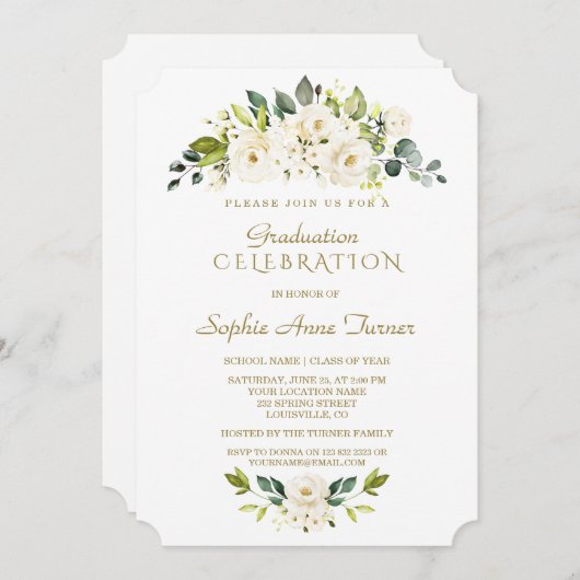 水彩繊細なホワイトフローラ卒業パーティー 招待状 (正面/裏面)