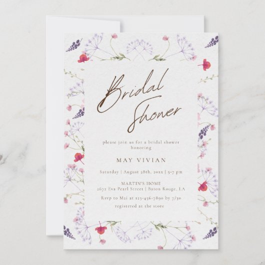 水彩繊細なワイルドフラワーブライダルシャワー 招待状 (正面)