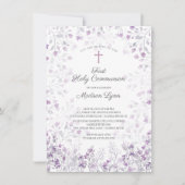 水彩繊細な紫色の花の最初の聖餐式 招待状 (正面)