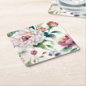 水彩繊細エレガントなアジアの花柄 スクエアペーパーコースター (アングル)